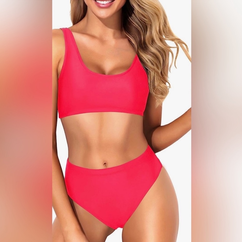Red Bikini Cupshe Scoop Neck High Waist Two Piece size S